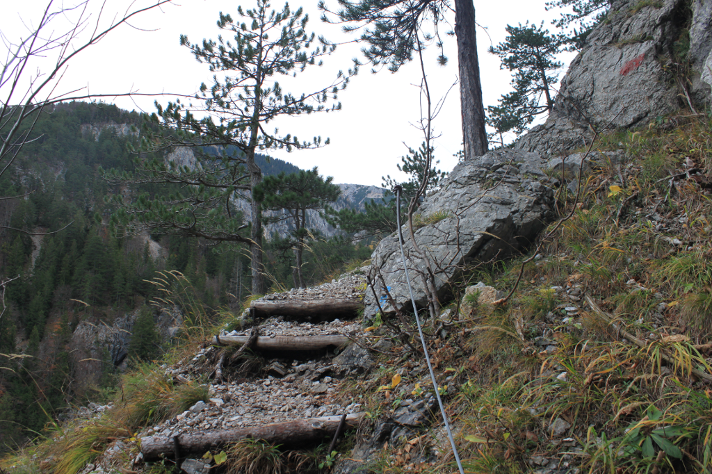 Ein Beispiel für Stufen mit Stahlseilen am Weg entlang eines Felsens