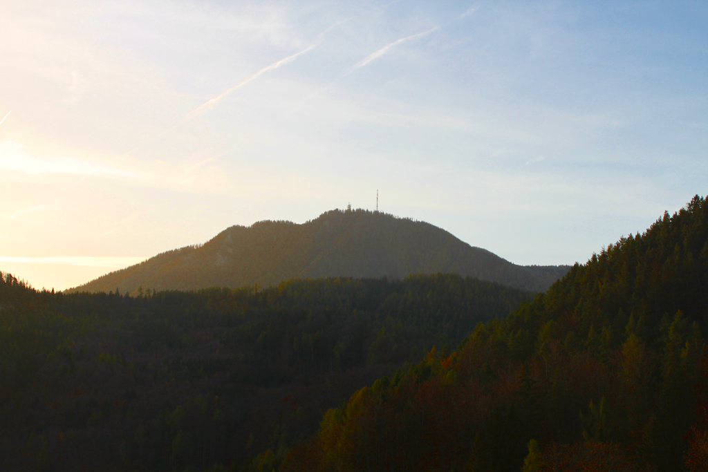 Abbildung 6:
      Ein Blick hinauf auf den Sonnwendstein, geblendet vom Sonnenaufgang